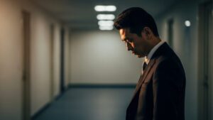 クラッシャー上司が末路を迎え、オフィスの暗い廊下でうつむき孤立している様子。