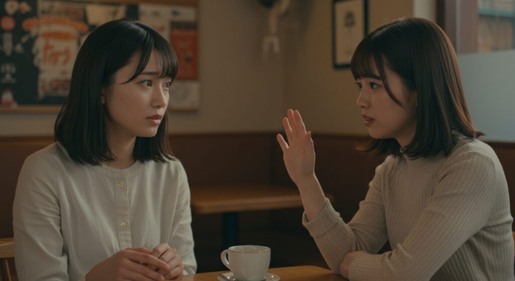 カフェでの会話中に相手の話を遮り、自己防衛的な口癖を話している女性。