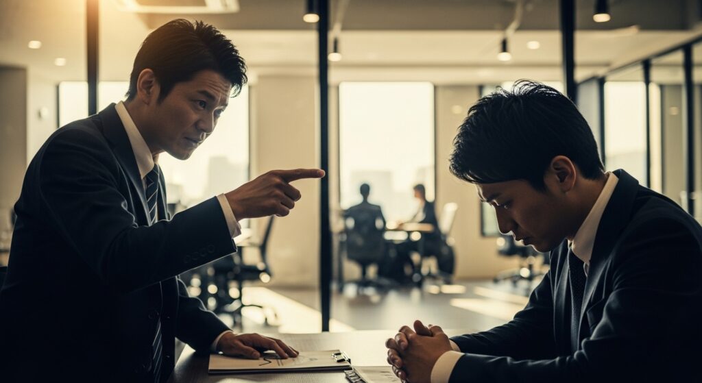 部下を厳しく指さして叱責する、クラッシャー上司の定義を示す画像。
