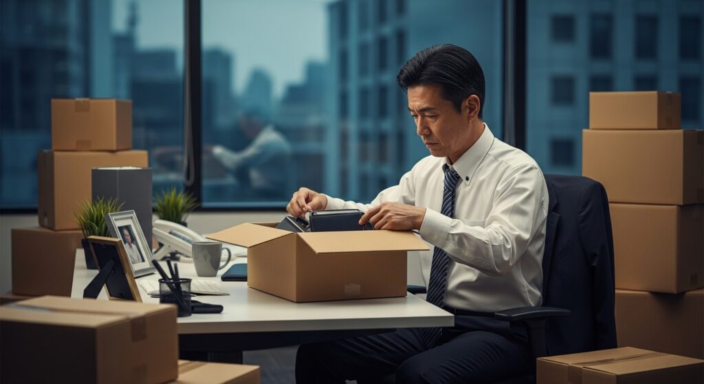 降格処分を受け、オフィスでデスクの私物を段ボールに詰めるクラッシャー上司の末路。