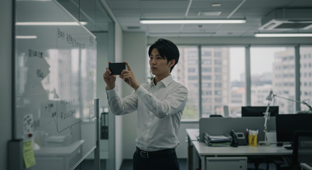 ホワイトボードに書かれた内容を手書きではなくスマートフォンで撮影して記録する若い日本人社員。メモを取る習慣がない世代的背景の可能性を示している。