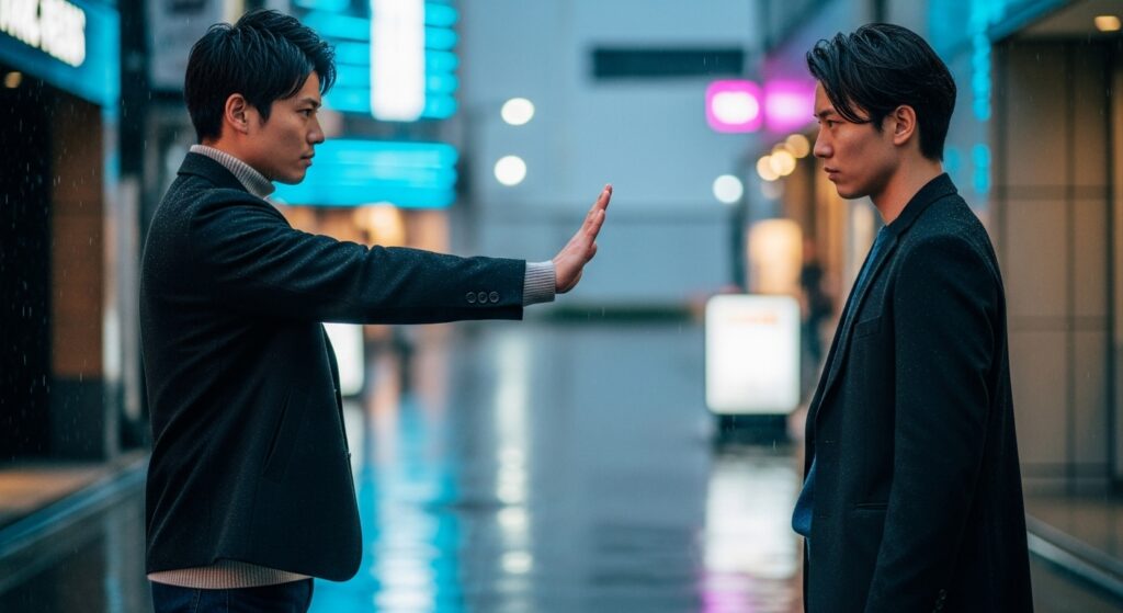 夜の街灯りの下で、対峙する二人の男性のうち一人が相手に向けて手のひらを突き出し、拒絶または制止する境界線を示している