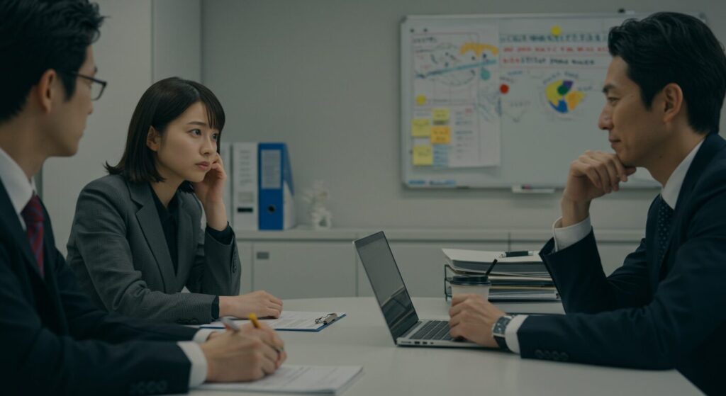 一人で仕事を抱え込まず、チームで協力して課題解決に取り組む真剣な表情のビジネスパーソンたち。