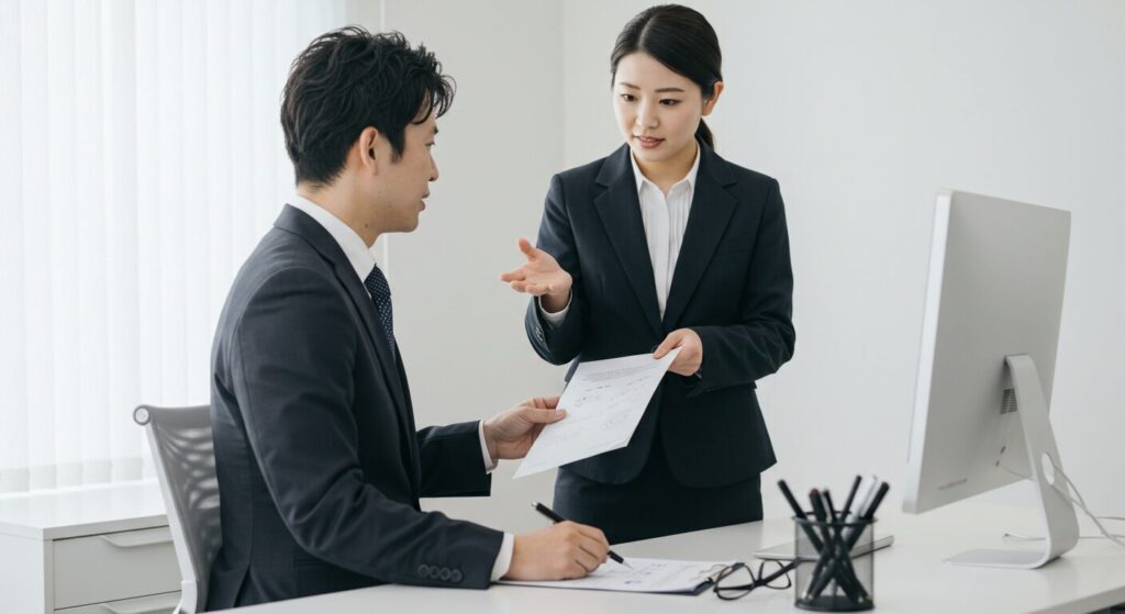 オフィスで上司へ論理的に説明するビジネスパーソン。