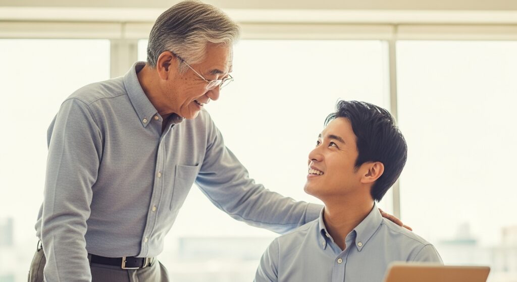 お調子者の行動を促すために肩に手を置き期待を伝えている様子の日本人。