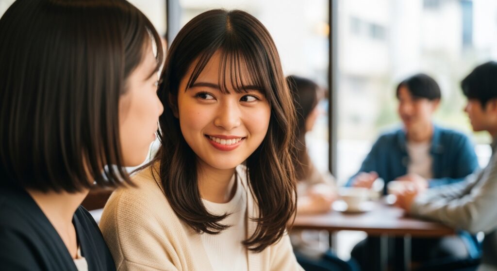 カフェで友人話す際、隣の親しい友人にだけ笑顔ではなく素の表情を見せる女性