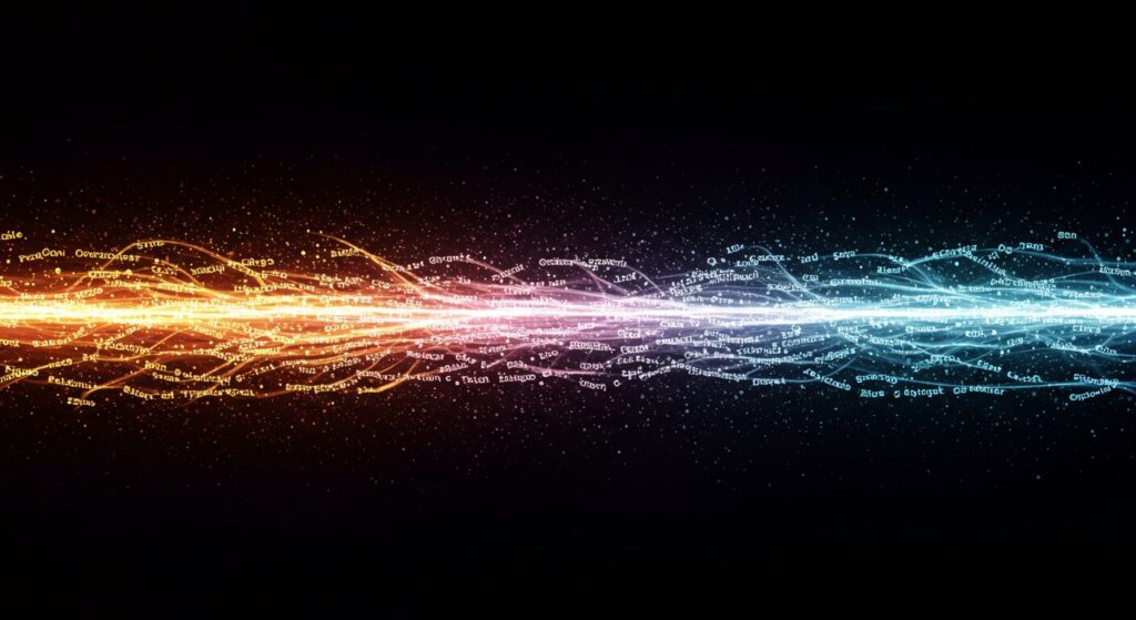 頭の回転の速さ（オレンジの光）に言葉（青い光）が追いつかない、思考と伝達の速度差を示すイメージ。