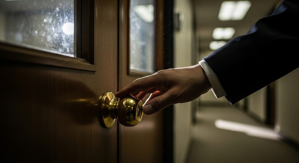 失敗を恐れて行動に移せない心理を表す、オフィスのドアノブに手をかけてためらう手元。