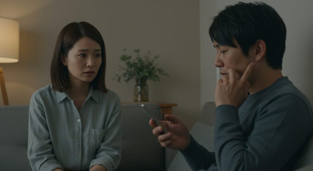 パートナーが無関心な態度でスマートフォンを触っているため、話を聞いてもらえず孤独を感じる女性。