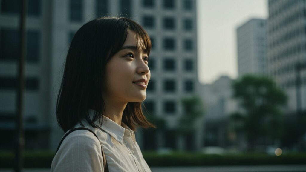 夕暮れの都市を背景に、穏やかな表情で未来を見つめる若い日本人女性。