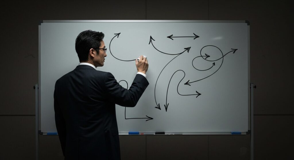 ホワイトボードに複雑な矢印を描きながら、成果に繋がる正しい努力の方向性について模索している男性。