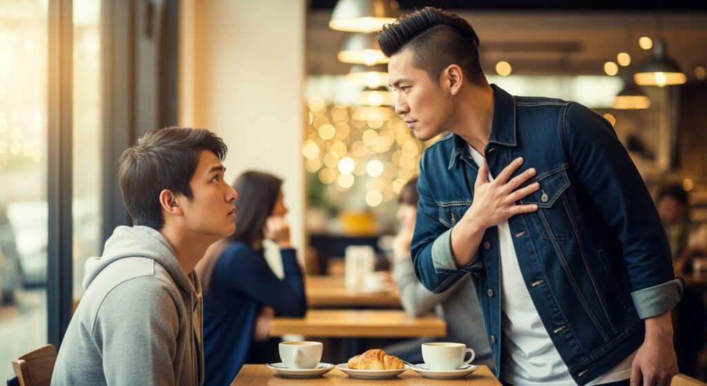 お調子者の特徴である安請け合いをカフェでしている様子の日本人男性。