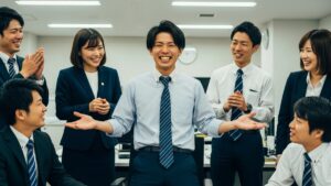 オフィスでお調子者の日本人男性が両手を広げて周囲を盛り上げ、同僚たちが笑顔で見ている様子。お調子者とはどんな人か示している。