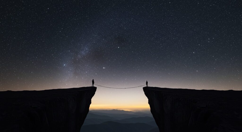 天才肌の思考における、常人には理解しがたい発想の飛躍を表現したイメージ。