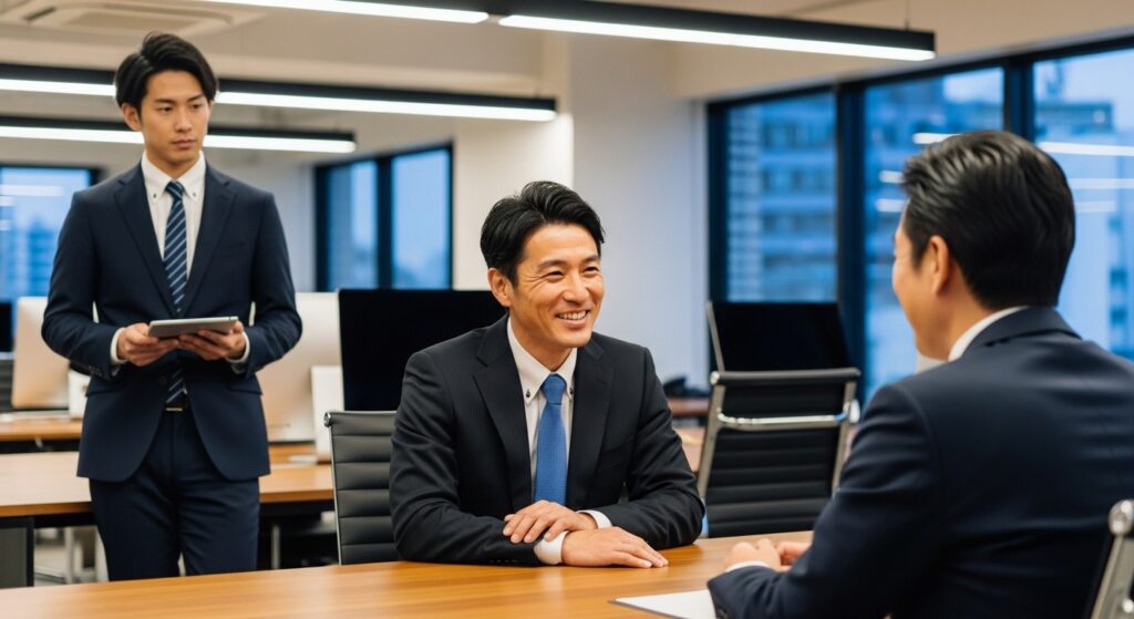 職場で自分にメリットのある相手にだけ笑顔で挨拶し、他の同僚を無視する損得勘定で動く男性社員。