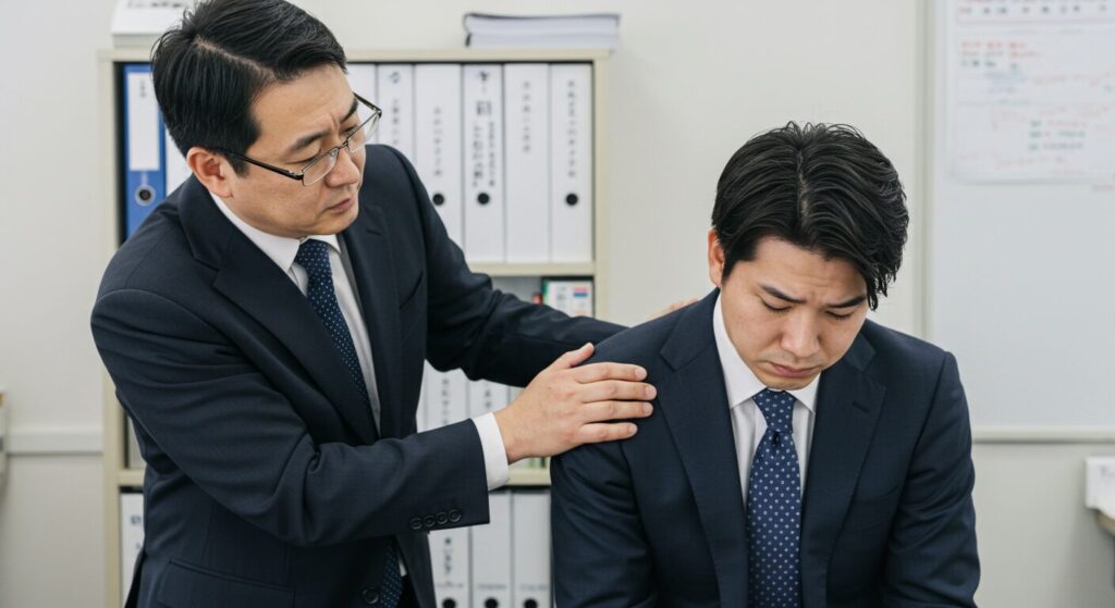 上司からの巧みな言葉によって罪悪感を刺激され、オフィスでプレッシャーを感じてうつむく部下。