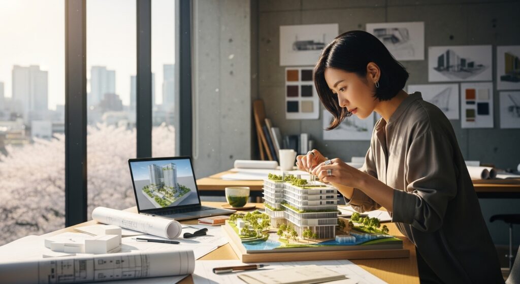手を動かしながら考える習慣として、建築模型を製作する日本人女性。