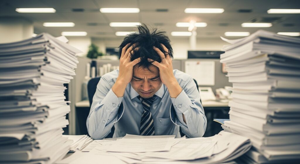 クラッシャー上司のターゲットにされ、大量の仕事に埋もれて頭を抱える会社員。