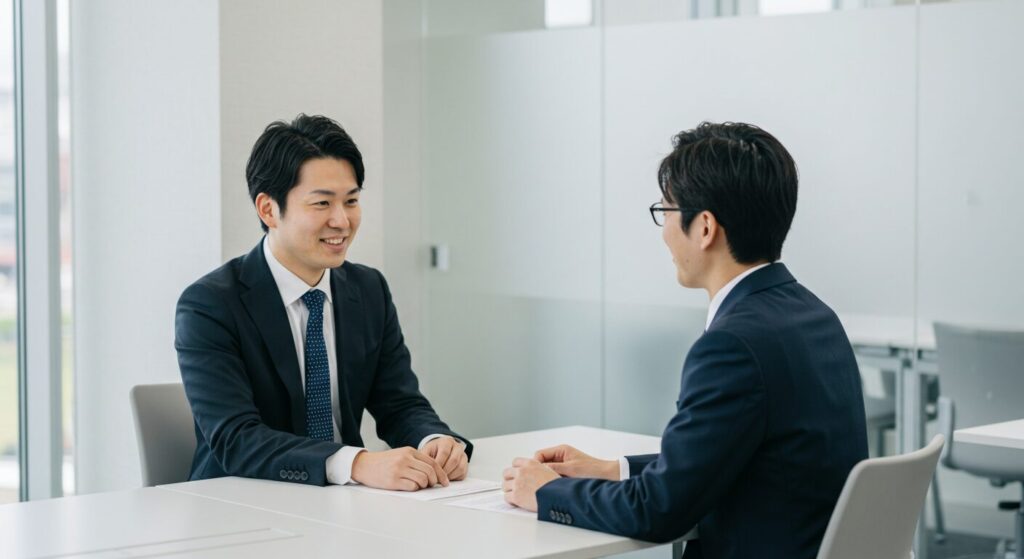 職場で同僚と健全な境界線を保ち、上手な距離の取り方を実践して穏やかに会話するビジネスパーソン。