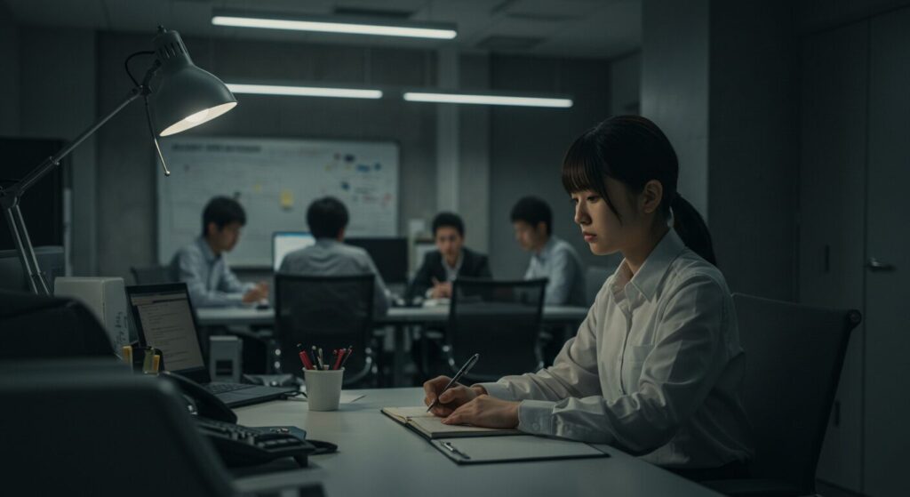 周囲に貢献度をアピールできず、一人薄暗いデスクで黙々と作業するも正当に評価されていない様子の女性。