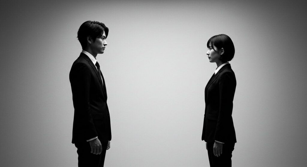 モノトーンに映る日本人2名が、自己肯定感を下げてくる人の背後にある支配欲や劣等感を象徴している様子。