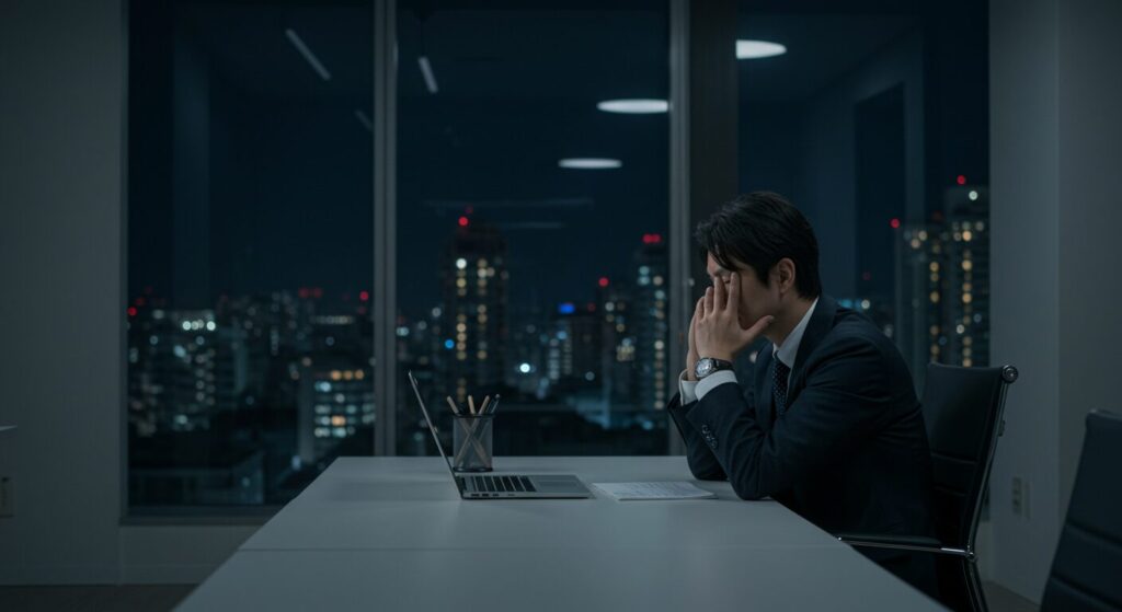夜のオフィスで一人頭を抱えて悩む男性、プライドの高さの裏にあるメンタルの弱さを表現。
