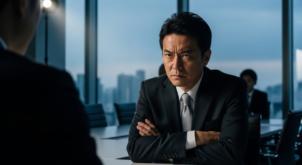 過去の出来事を根に持っているため、会議中に腕組みをしながら相手を険しい表情で睨む男性。