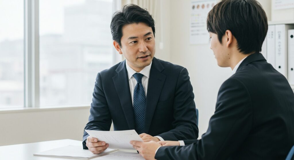 オフィスで向かい合って座り、若手社員にメモの取り方を穏やかに指導する日本人上司