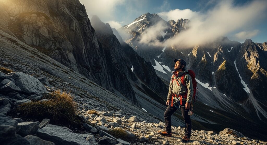 高すぎる理想の象徴である険しい山頂を、登山者が麓から見上げている様子。