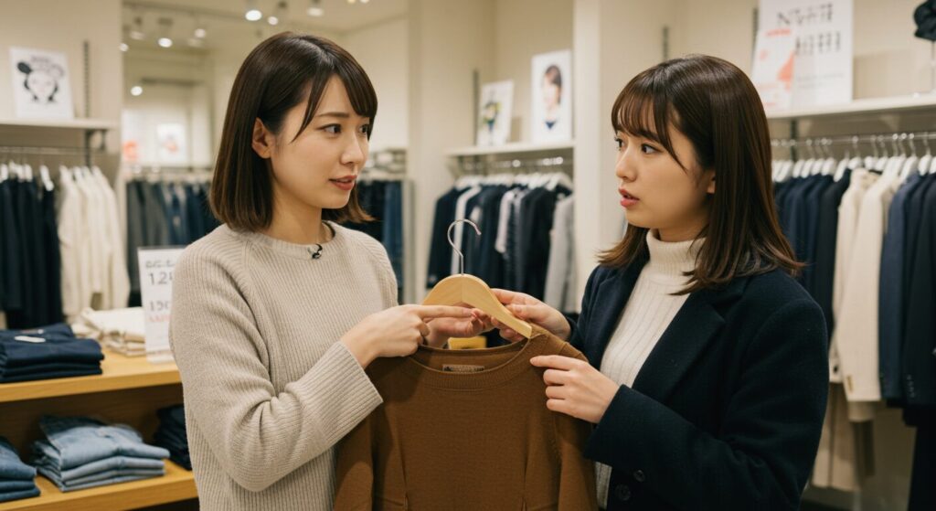 友人から一方的に価値観を押し付けられ、洋服店で困惑した表情を浮かべる日本人女性。