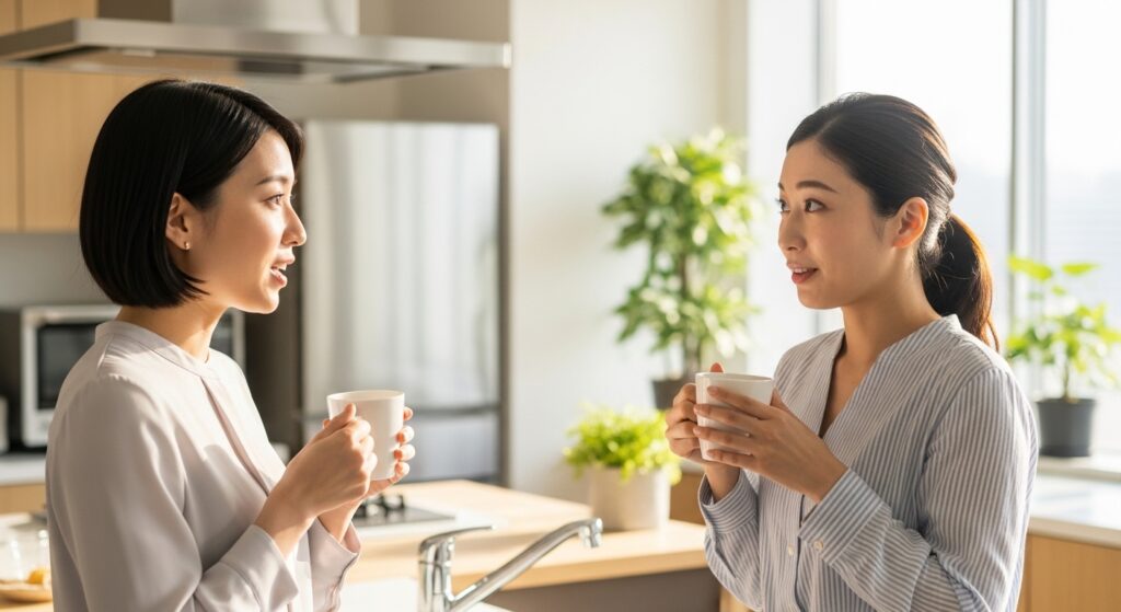 職場の同僚とコーヒーを飲みながら穏やかに会話し、人間関係の改善を図るためのコミュニケーションをとる二人の女性。
