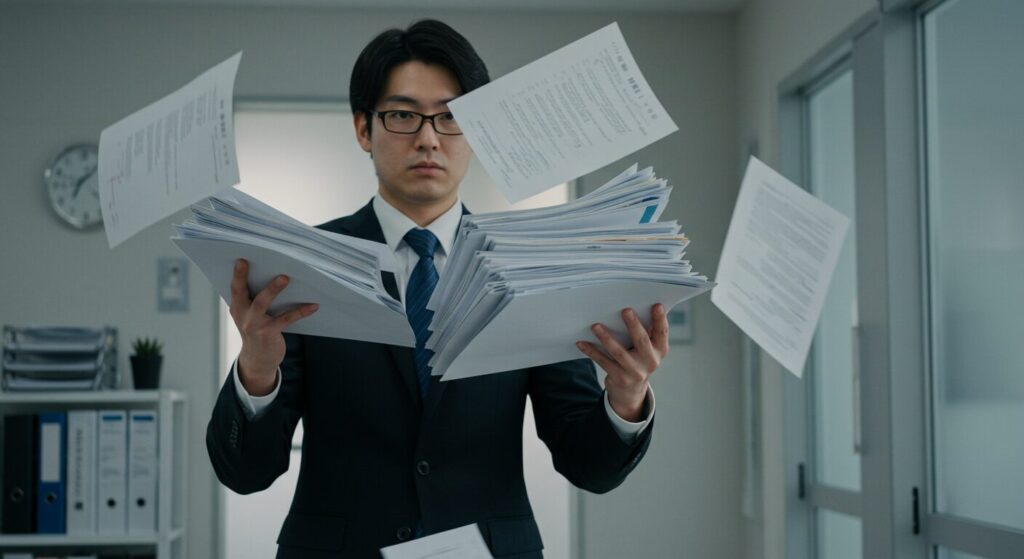 一度に多くの情報を伝えようとして、聞き手を情報過多にさせてしまう状況を表現した画像。