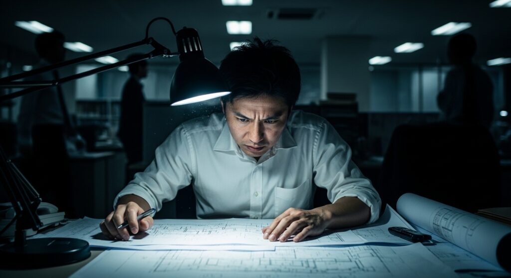 仕事に没頭して周囲に気づかない男性の様子から、挨拶しない人の悪気のない心理状態を説明する画像。