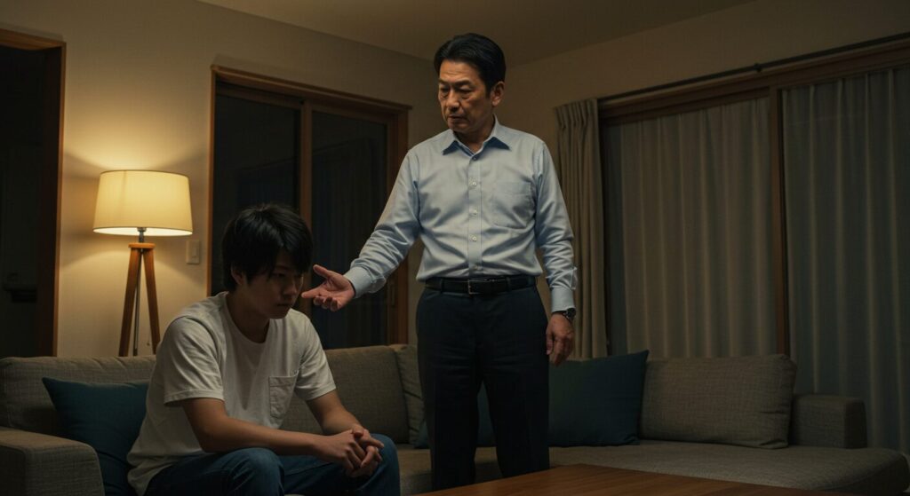 父親から厳しい態度を受け、うつむく息子、プライドの高さが世代間で受け継がれる様子。