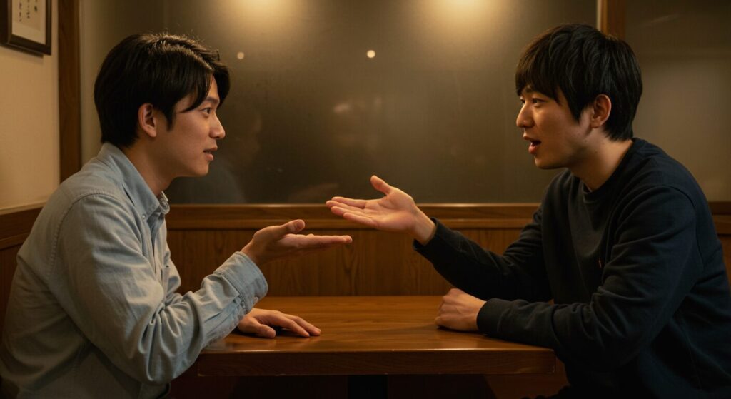 日本人男性が人の話を遮って自分の話にすり替えており、人の話を聞かない人の特徴を示している。