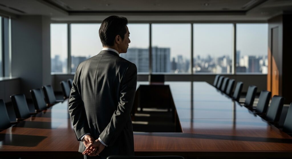 社内で孤立し、誰もいない広い会議室で一人窓の外を眺めるクラッシャー上司。