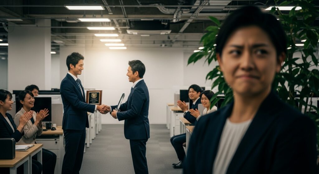 職場で表彰される同僚を横目に、手前の女性社員が嫉妬や劣等感を抱いた複雑な表情で見ている