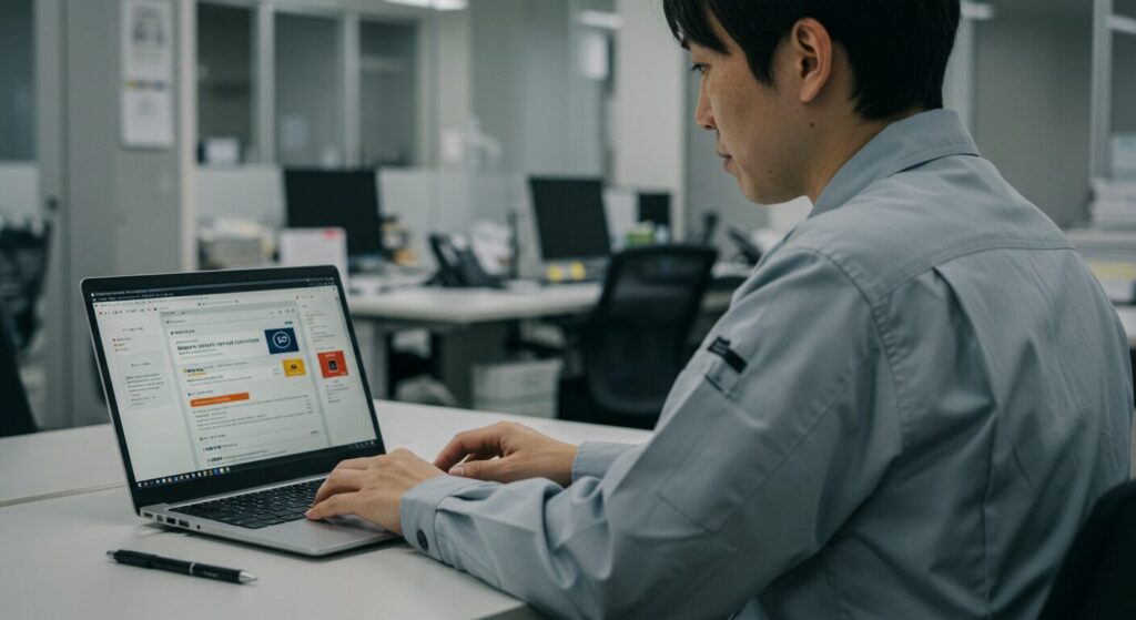 オフィスでノートパソコンを開き、社内のナレッジ共有ツールを閲覧している作業着姿の日本人男性