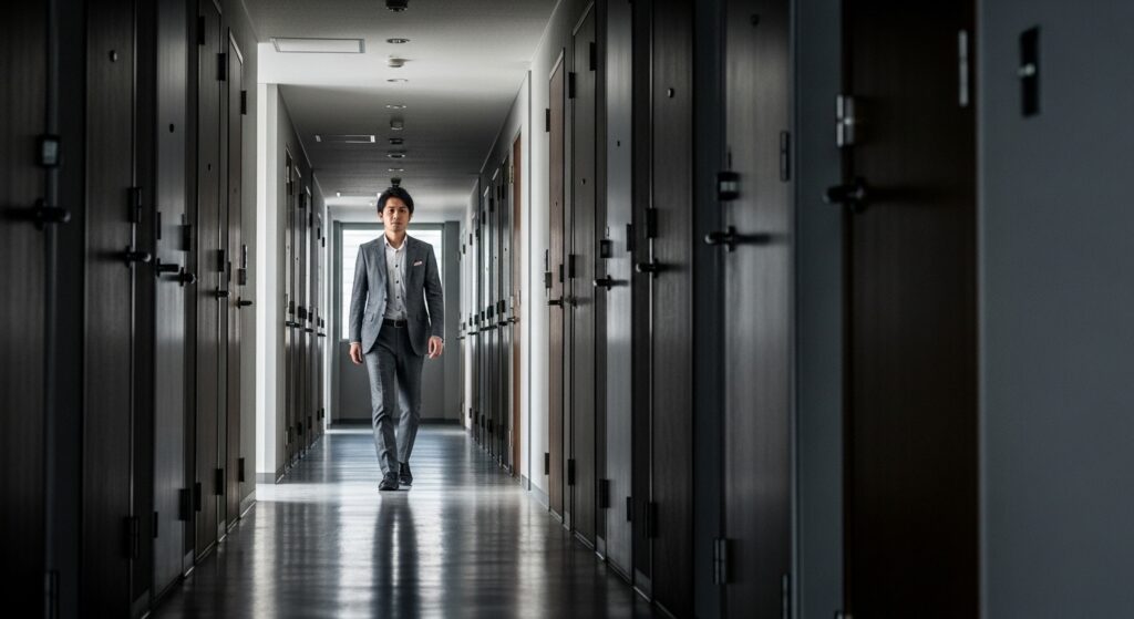 人けのないマンションの廊下を歩く男性の姿で、挨拶しない人の育ちにおける地域との関わりの希薄さを示す画像。