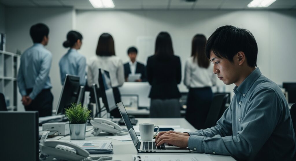 職場のチームから孤立し、挨拶しない人の社会性を学ぶ経験不足を象徴するデスクで作業する男性。