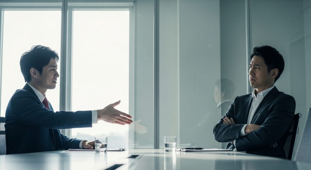 ビジネスシーンで握手を求める男性と腕を組んで拒否する男性により、挨拶しない人の末路である信頼関係の欠如を表現。