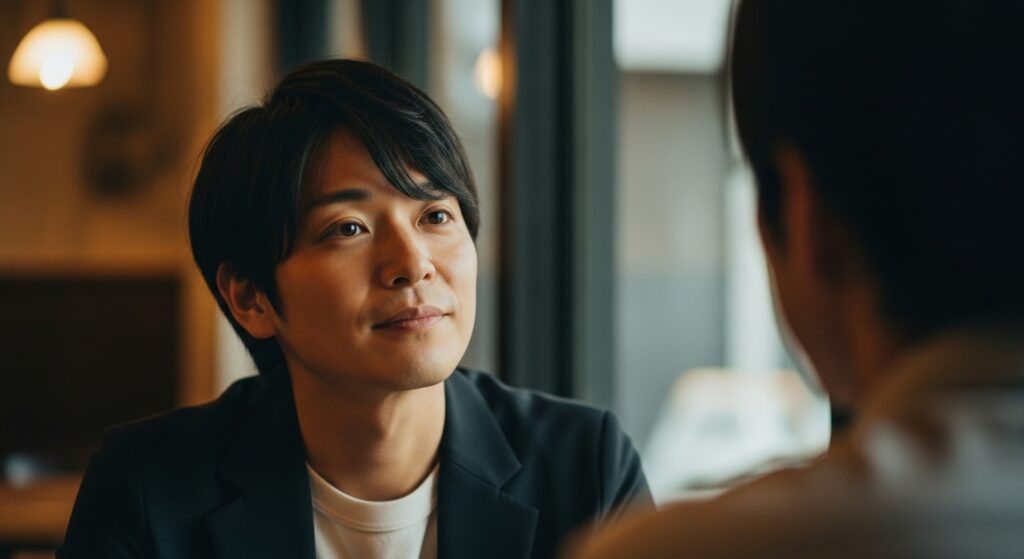 お調子者の話をすべて真に受けず話半分で聞いている様子の日本人男性。