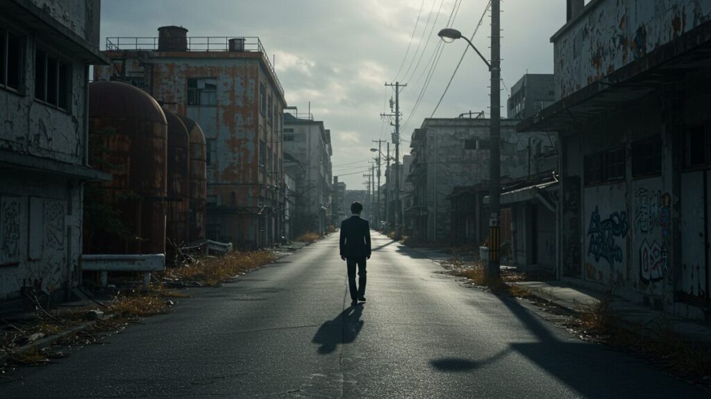 プライドが高い人の末路を象徴する、荒廃した道を一人で孤独に歩くビジネスパーソンの後ろ姿。