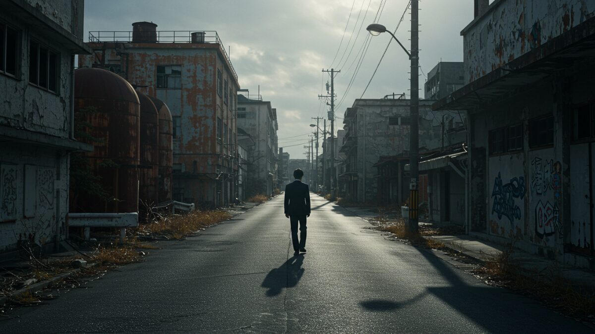 プライドが高い人の末路を象徴する、荒廃した道を一人で孤独に歩くビジネスパーソンの後ろ姿。