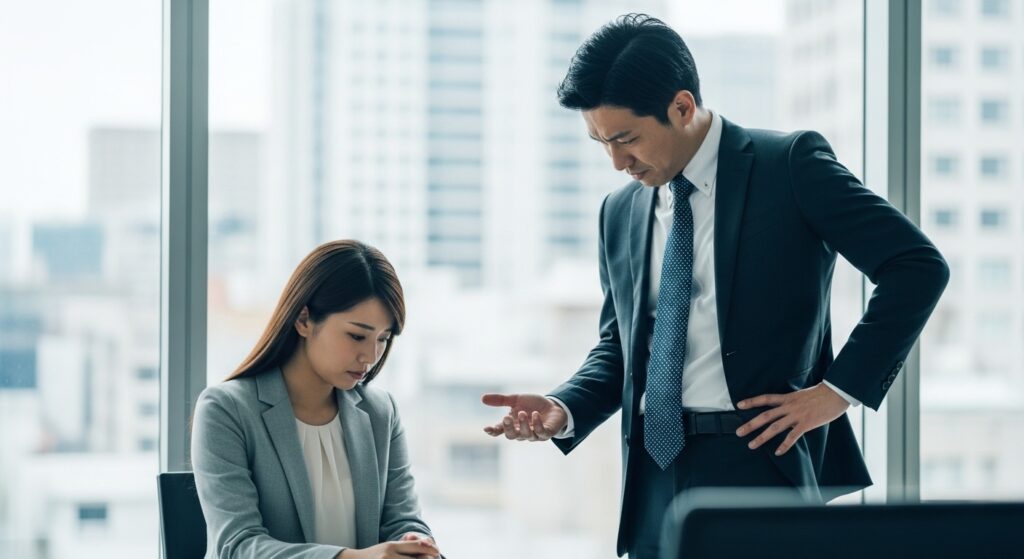 職場の窓際で椅子に座る女性社員に対し、男性上司が腰に手を当てて見下すように話している場面