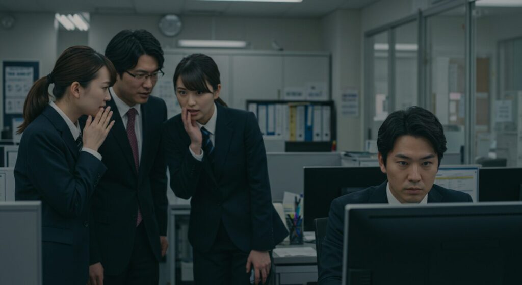 オフィスで同僚たちがひそひそ話をする中、一人パソコンに向かい信頼を失っている男性社員。