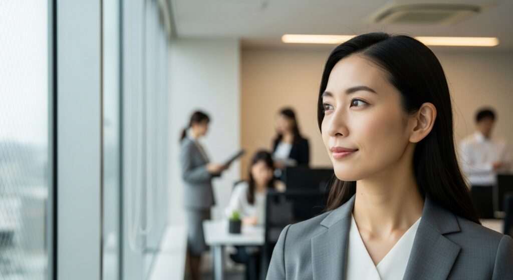 職場の人間関係に振り回されず、窓の外を見て冷静に自分の心と向き合う落ち着いた表情の女性。