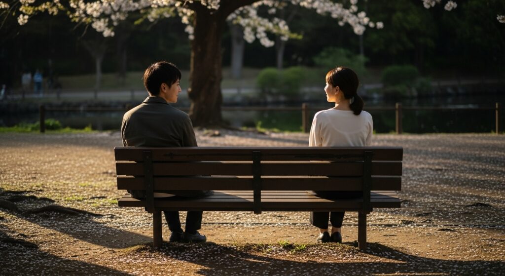 お調子者と適度な距離感を保つことを象徴する公園のベンチに座る二人。