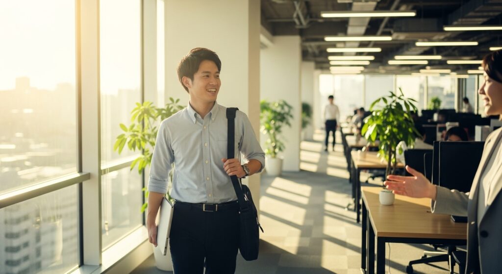 周囲の状況に左右されずプロ意識を保ち、オフィスで同僚に笑顔で挨拶を続ける爽やかな男性。