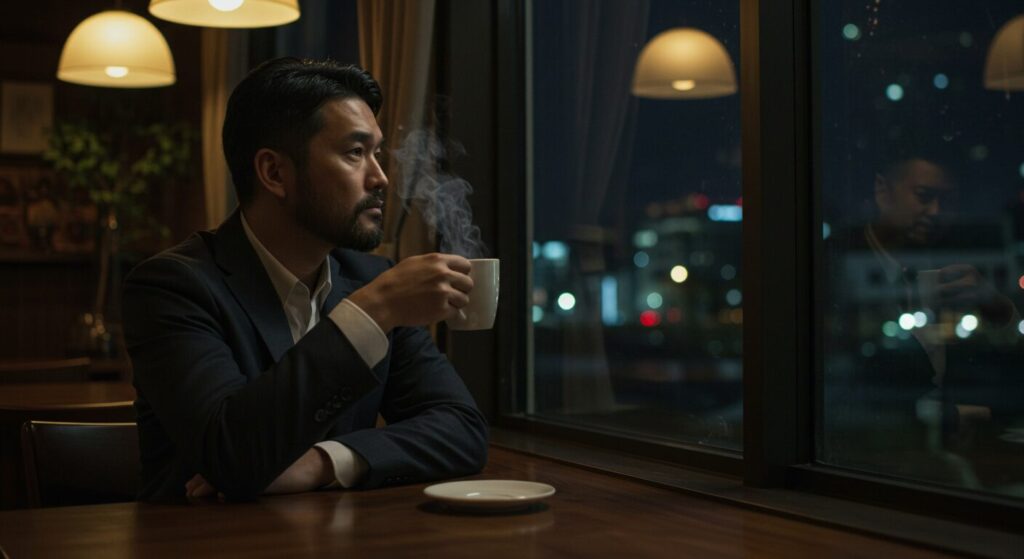 夜のカフェで窓の外を眺めながら、コーヒーを飲んで一息つくスーツ姿の日本人マネージャー